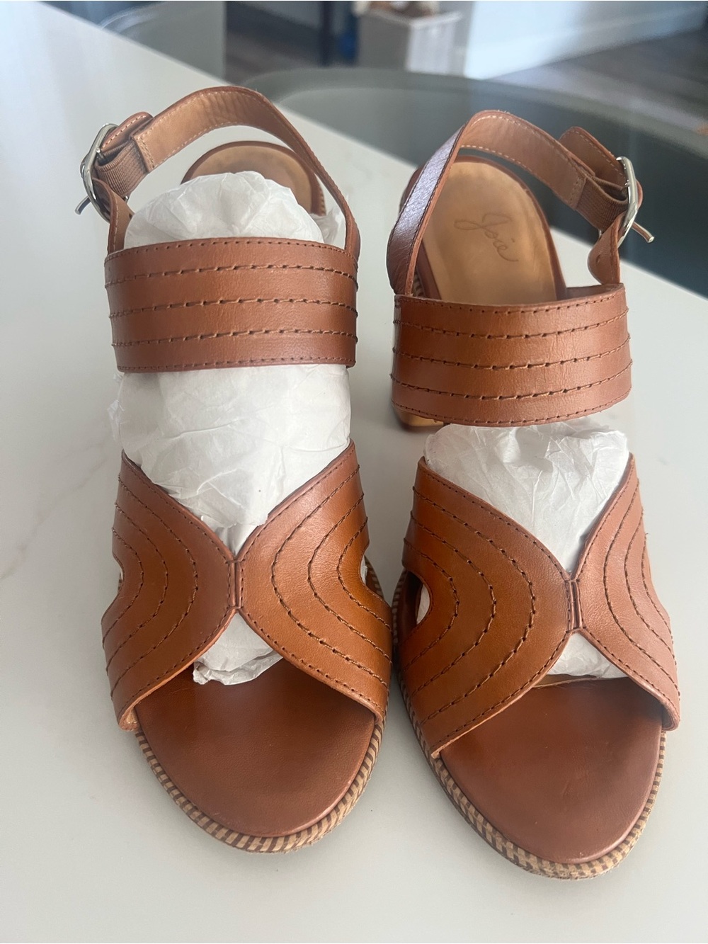 Women's Tan Leather Cross-Strap Sandals with Ankle Buckle